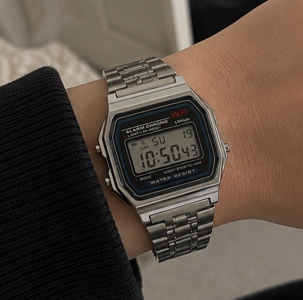 The Retro Digital Watch in silver, flat product view