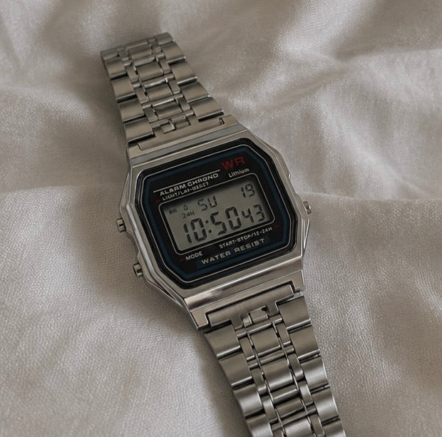 The Retro Digital Watch in silver, face detail