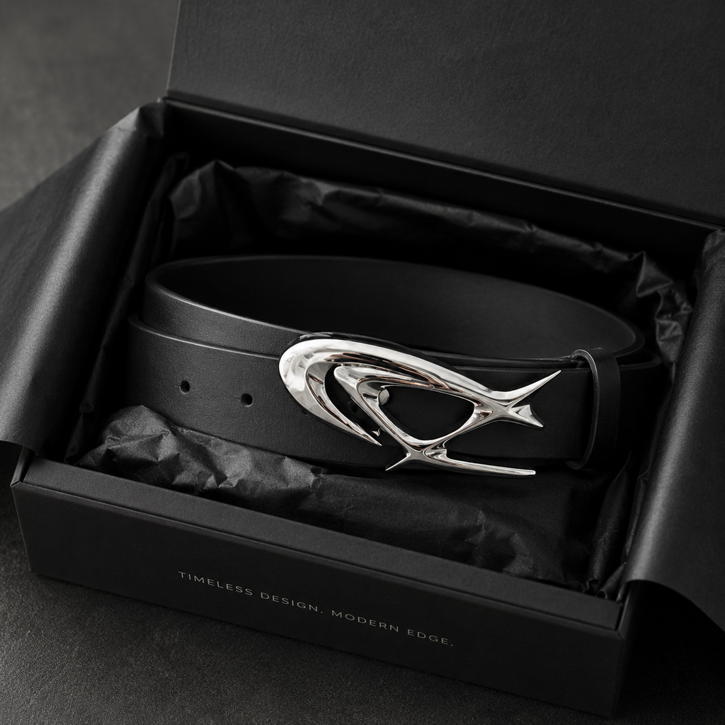 STNDOUT belt in matte black gift packaging, unboxing shot